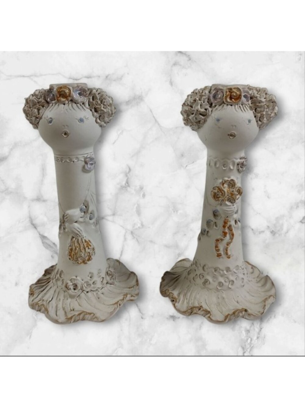 Eniko Gyorbiro Ceramic Girl w/ Flowers Figural Candlesticks Set of 2 Hungarian